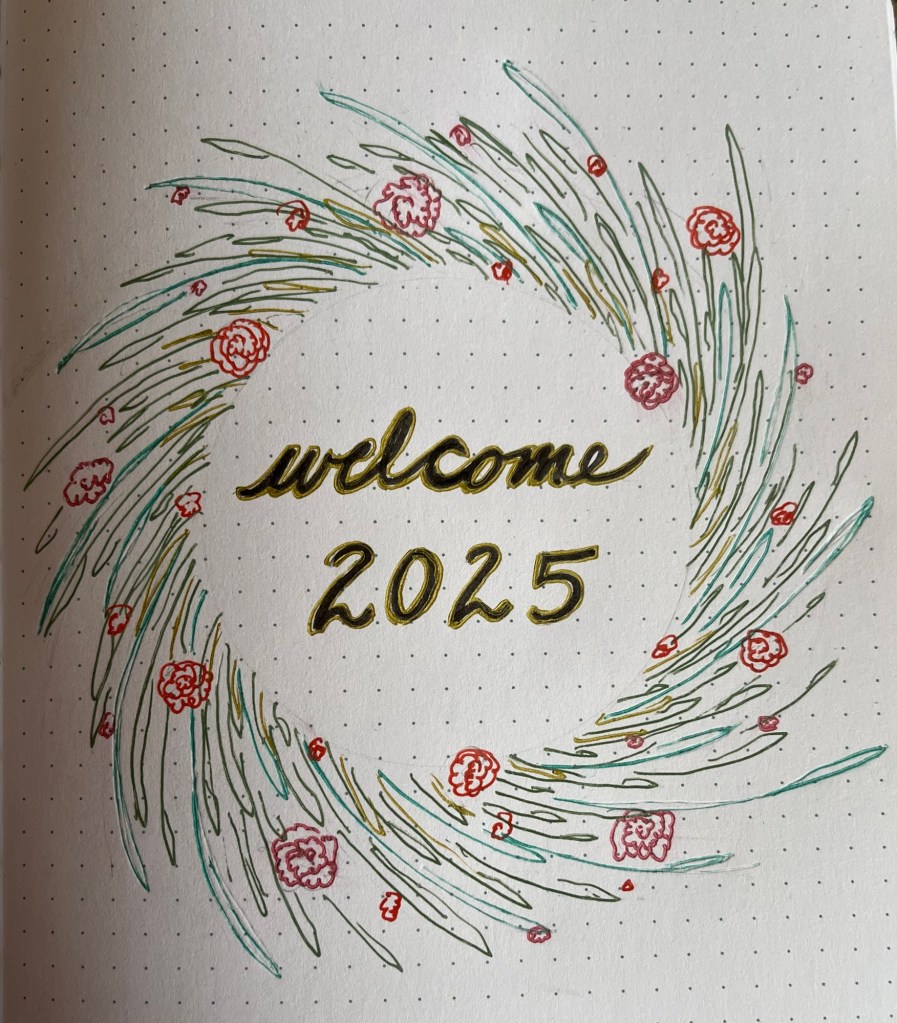 a minimalist style drawing of a wreath in tones of green with red and pink carnations strewn throughout. in the center are the words “welcome 2025” in black script
